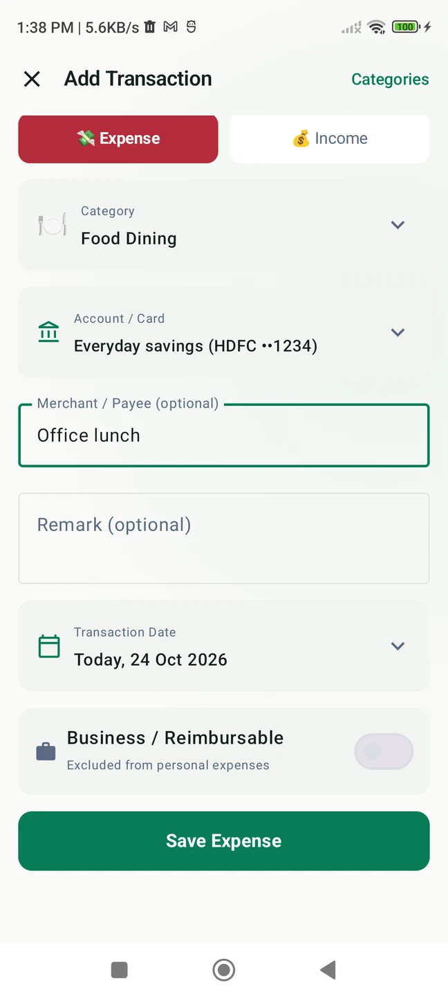 MyPaisa Add Transaction with a ₹250 office lunch, Food Dining category and a selected payment account