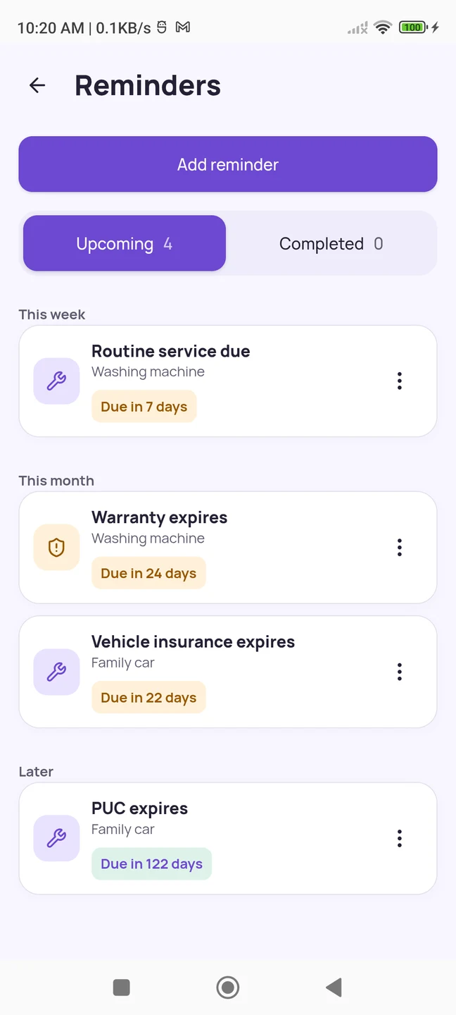 OwnWise reminders listing routine service, warranty expiry and vehicle insurance expiry