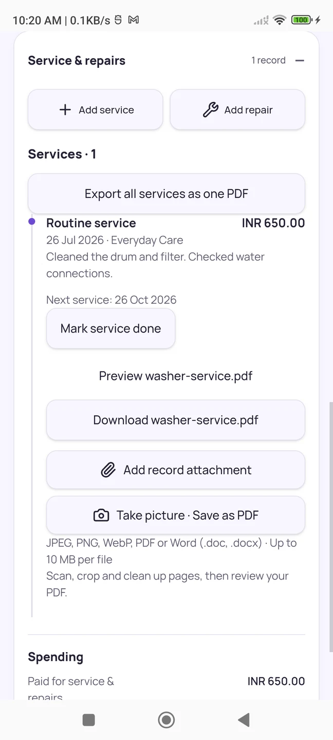 OwnWise washing machine service history with cost, report and next service due date